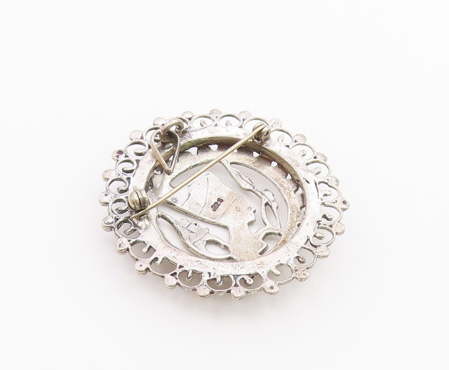 925 Silver  Vintage Beaded Border Openwork Nefertiti Head Brooch Pin  BP9833