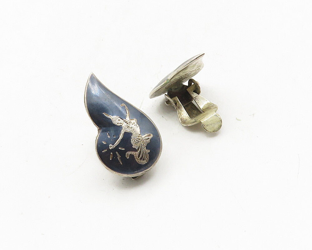 SIAM 925 Silver  Vintage Enamel Niello Dancer Non Pierce Earrings  EG5341