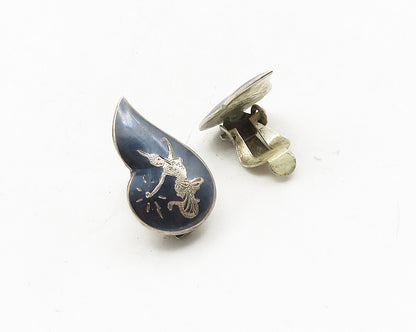 SIAM 925 Silver  Vintage Enamel Niello Dancer Non Pierce Earrings  EG5341