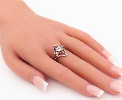 925 Sterling Silver Vintage Ring Floral Cutout Blue Topaz  Sz 7  RG29942