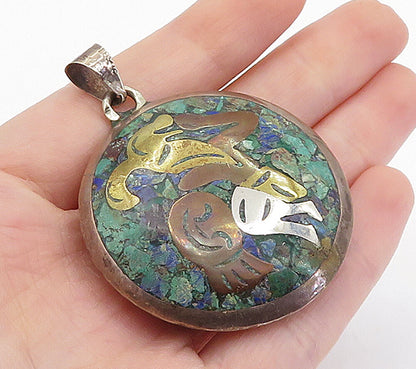 MEXICO 925 Sterling Silver  Vintage Jasper Three Tone Pattern Pendant  PT4890