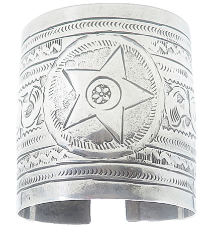 Solid Silver Vintage Antique Etched Star Pattern Cuff Bracelet  BT3372