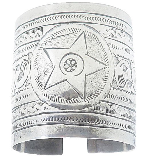 Solid Silver Vintage Antique Etched Star Pattern Cuff Bracelet  BT3372