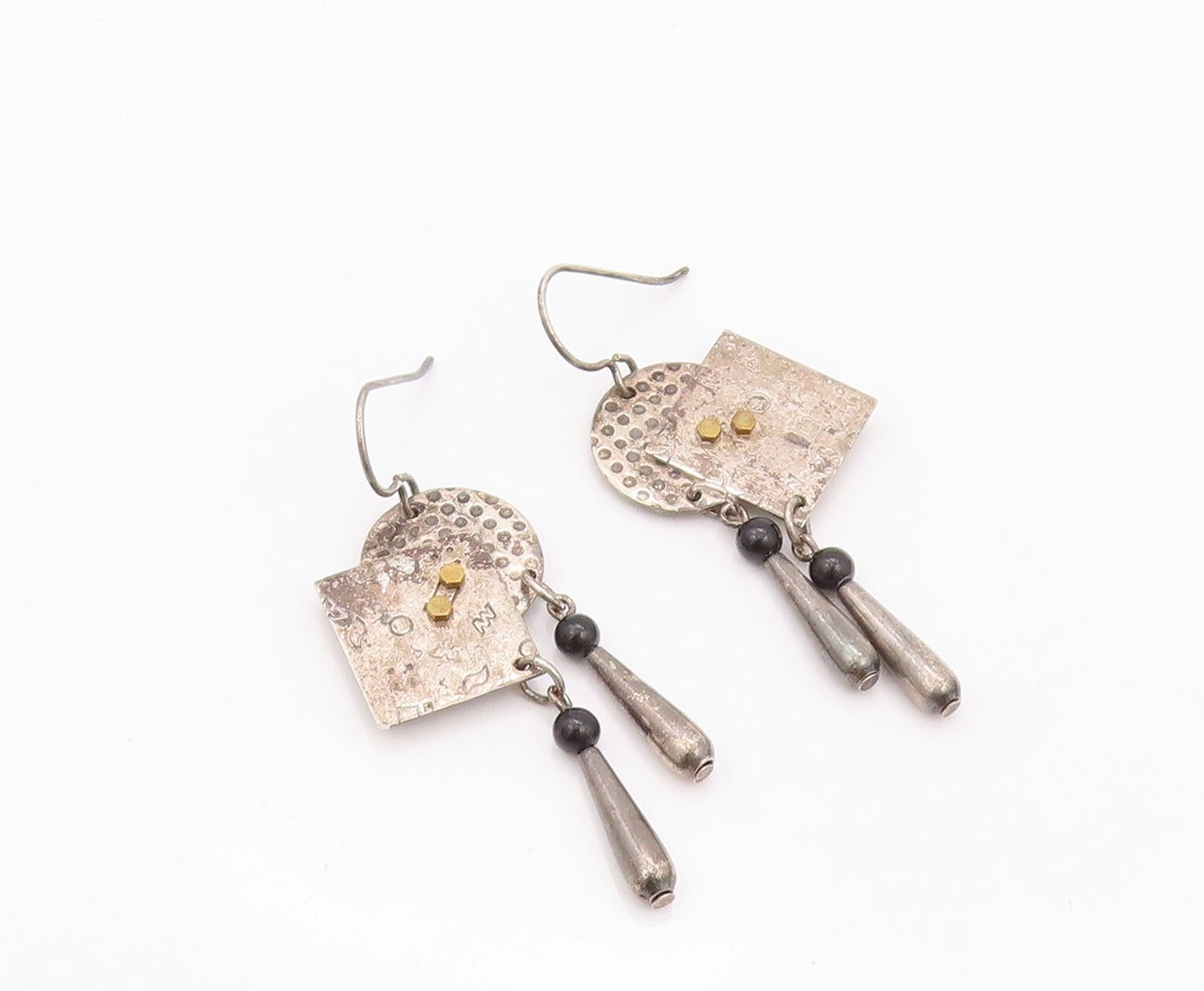 925 Sterling Silver Vintage Earrings Modernist Dark Tone Square & Circle EG13451