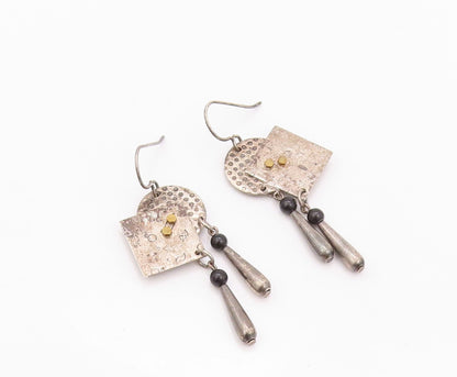925 Sterling Silver Vintage Earrings Modernist Dark Tone Square & Circle EG13451