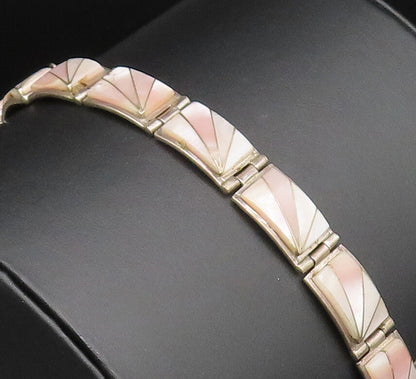 TEME NAVAJO 925 Silver  Vintage Rectangle Mother Of Pearl Link Bracelet BT9698