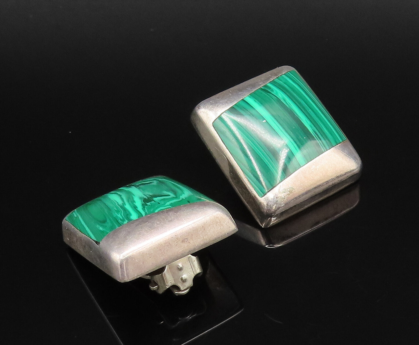 MEXICO 925 Silver  Vintage Inlaid Malachite Non Pierced Earrings  EG12197