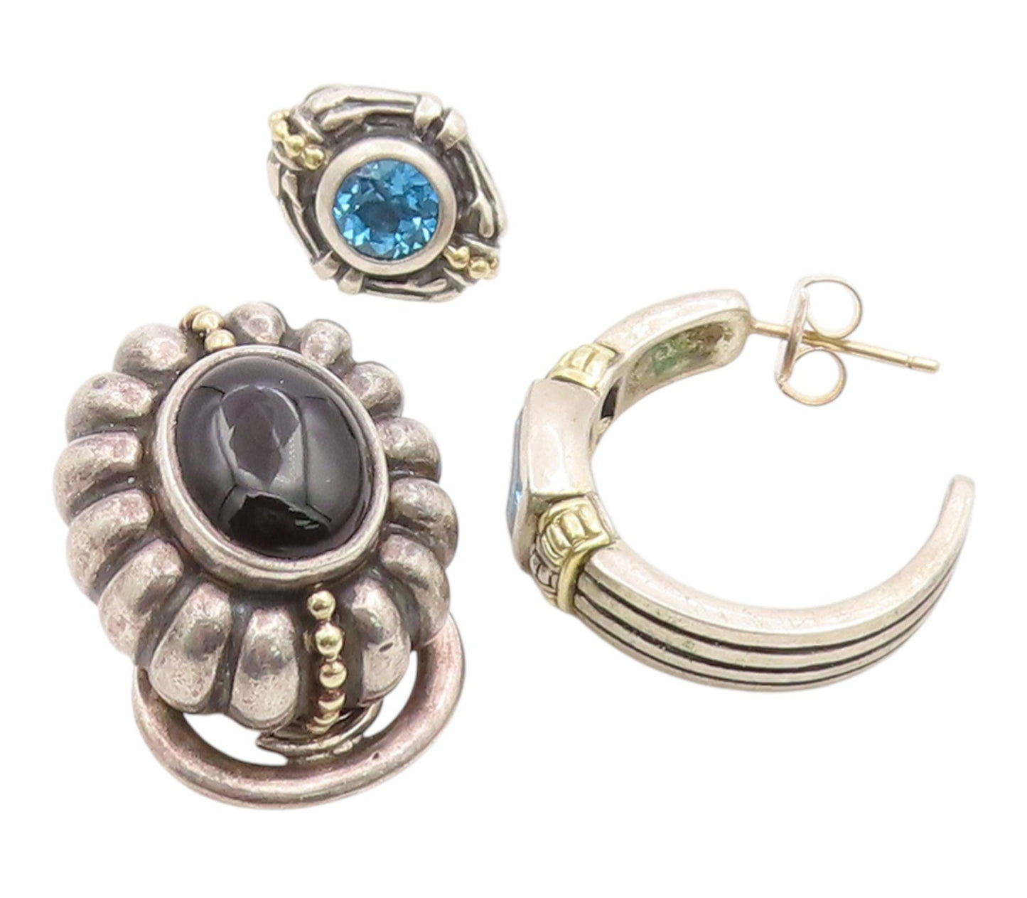 14K Gold & 925 Sterling Silver Vintage Earrings LAGOS CAVIAR Gemstone  EG14301