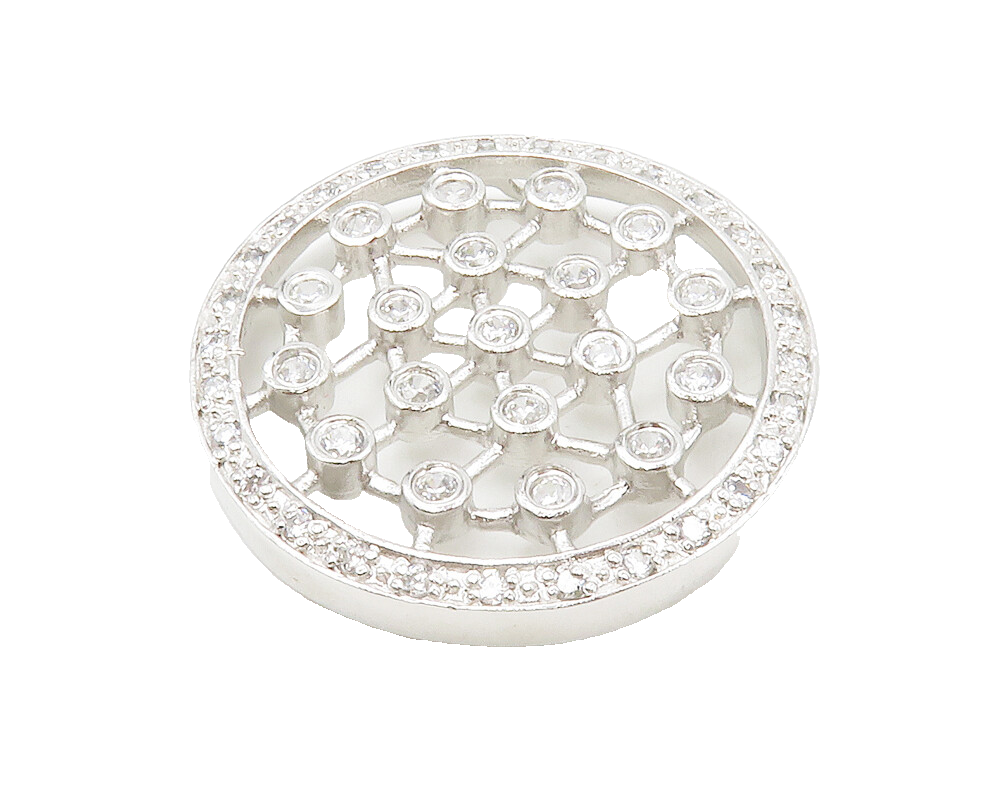 925 Sterling Silver  Shiny White Topaz Open Design Round Pendant  PT10787