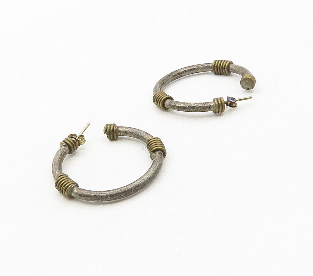 925 Sterling Silver  Vintage Two Tone Wrapped Oxidized J Hoop Earrings  EG7951