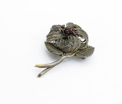 925 Sterling Silver  Vintage Red Topaz Wire Sculpted Flower Brooch Pin  BP1999