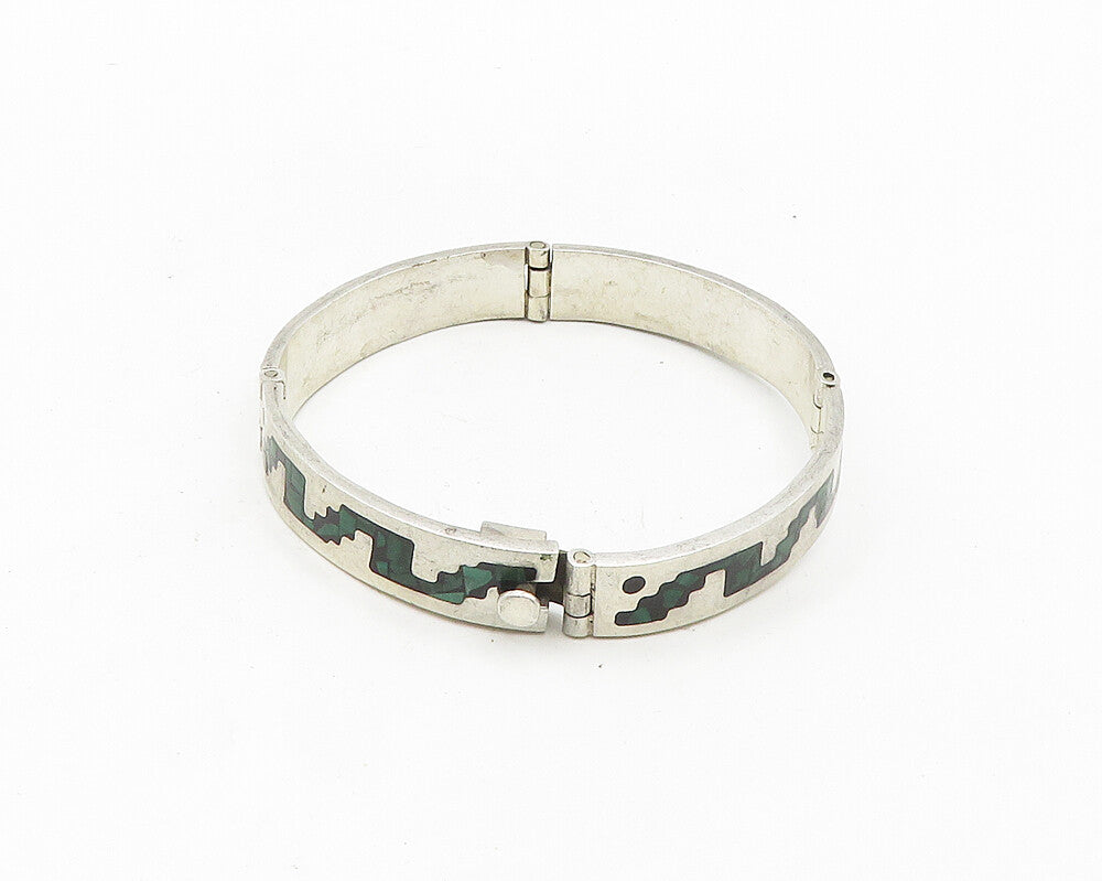 MEXICO 925 Sterling Silver  Vintage Malachite Mosaic Chain Bracelet  BT7283