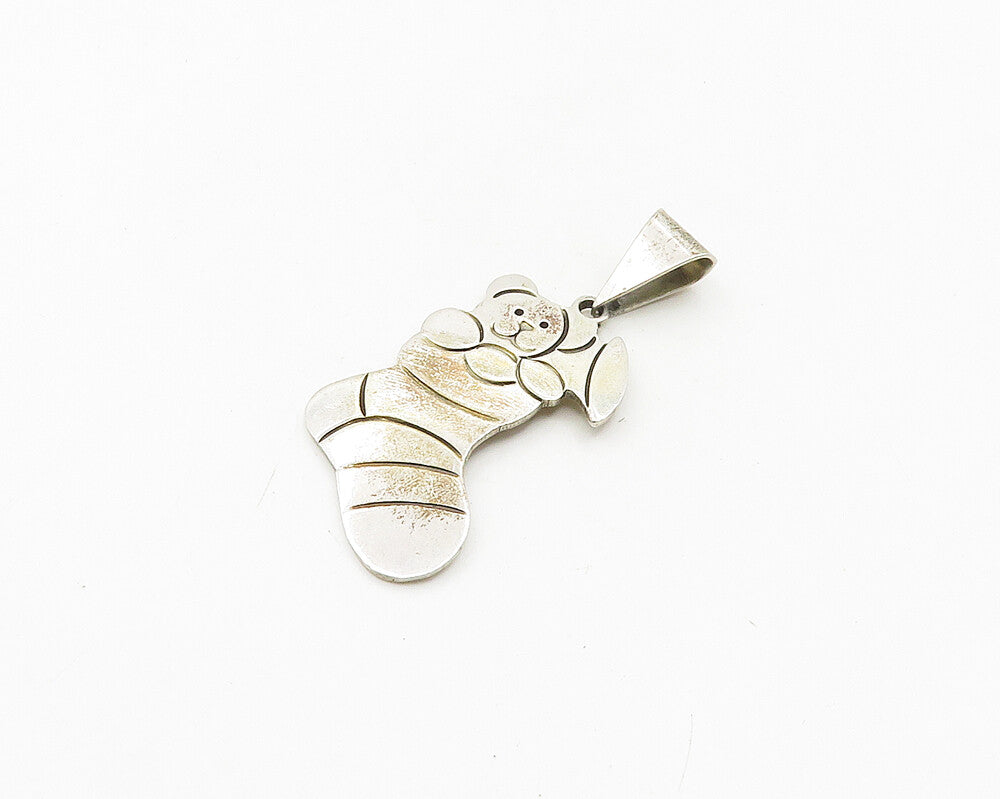 MEXICO 925 Sterling Silver  Vintage Teddy Bear In Stocking Pendant   PT14777