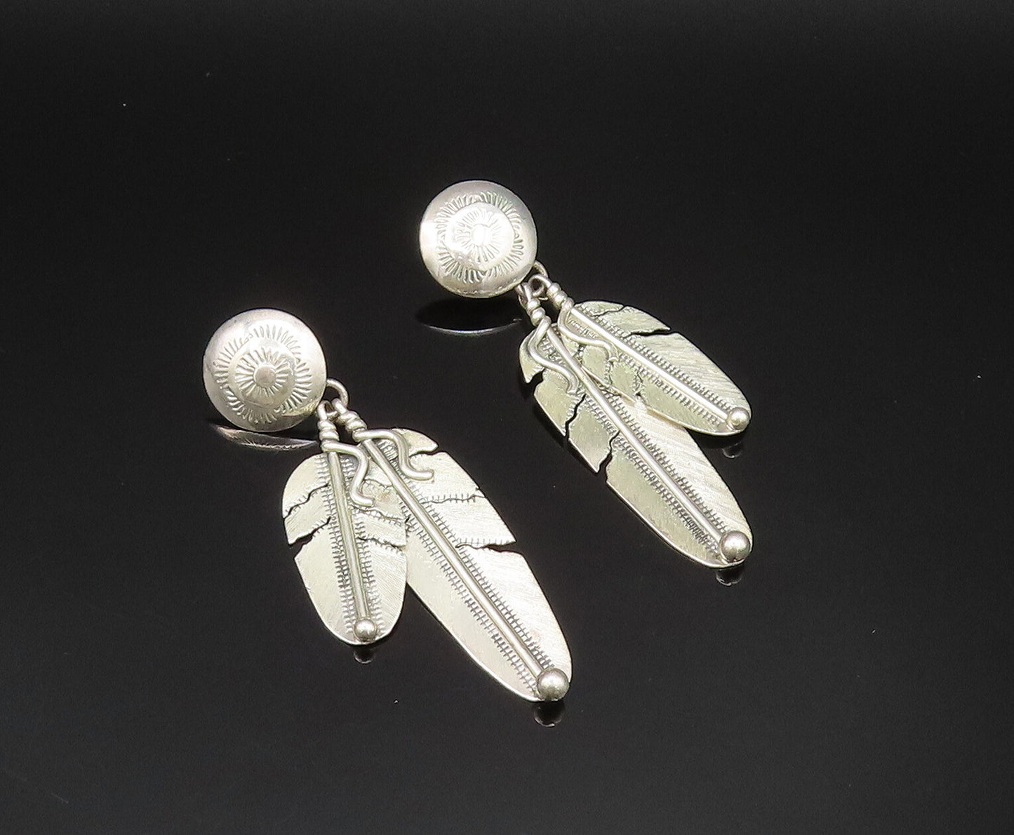 NAVAJO 925 Silver  Vintage Floral Dome & Etched Leaves Earrings  EG11834