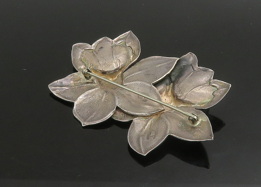 MANFREDI 925 Sterling Silver Vintage Dark Tone Flowers Motif Brooch Pin BP9064