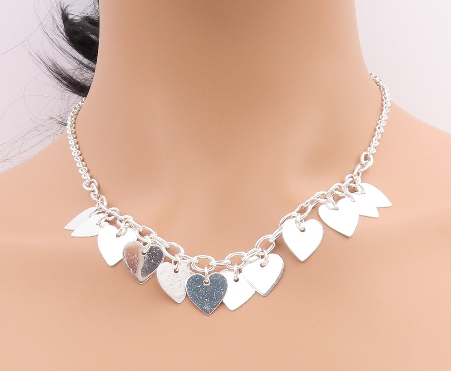 925 Sterling Silver Vintage Necklace Linked Chain Dangling Hearts Cutout  NE4581