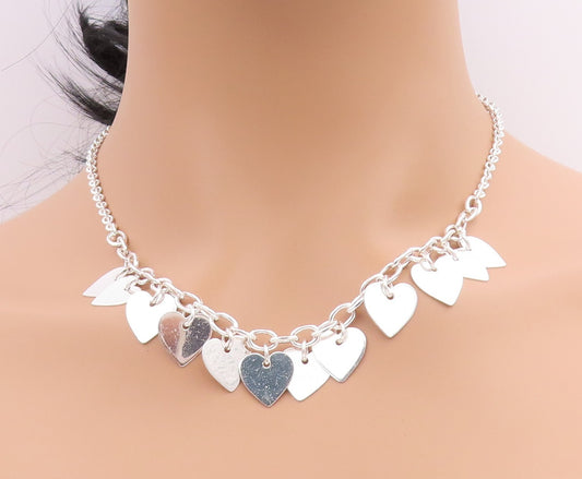 925 Sterling Silver Vintage Necklace Linked Chain Dangling Hearts Cutout  NE4581