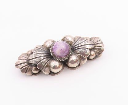 MEXICO 925 Silver  Vintage Antique Cabochon Amethyst Floral Brooch Pin  BP8260