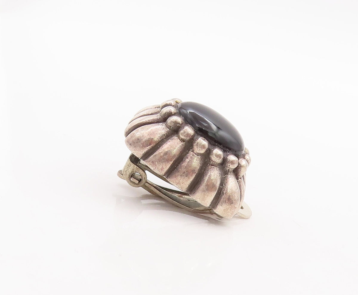 925 Sterling Silver Vintage Earrings Oval Shape Onyx Halo Grooved Design EG13108
