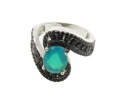 925 Sterling Silver  Green Stone & Black Hematite Bypass Ring Sz 6  RG15260