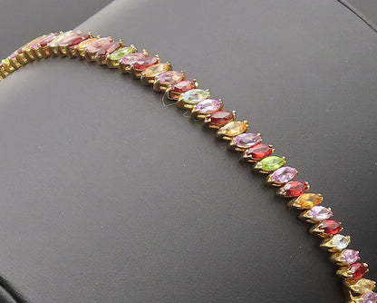 925 Sterling Silver Vintage Bracelet Gold Plated Marquise Rainbow Gems  BT10246