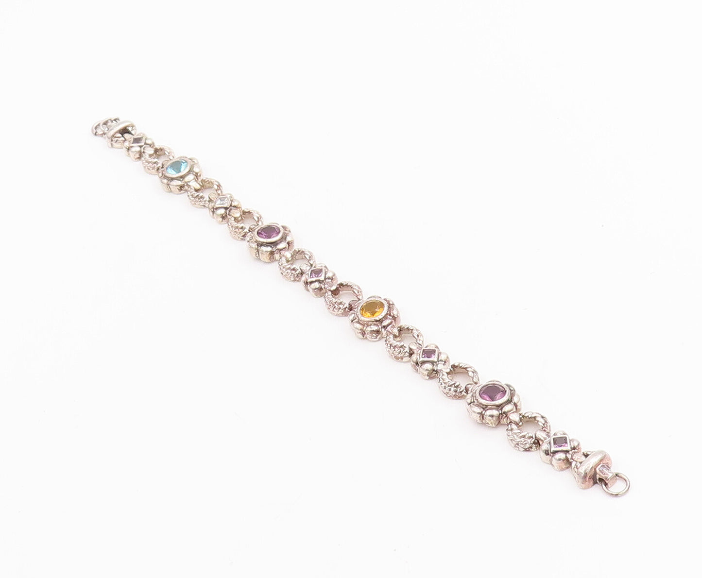 925 Sterling Silver Vintage Bracelet Amethyst Flowers & Ring Linked  BT10591