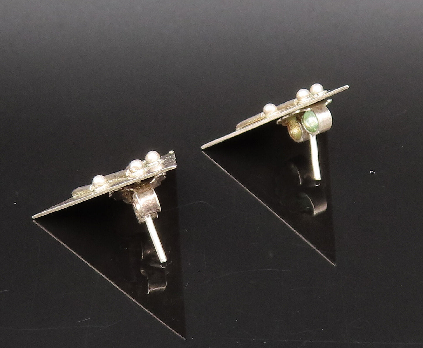 925 Silver  Vintage 3D Lines & Beads Modernist Triangle Earrings  EG12268