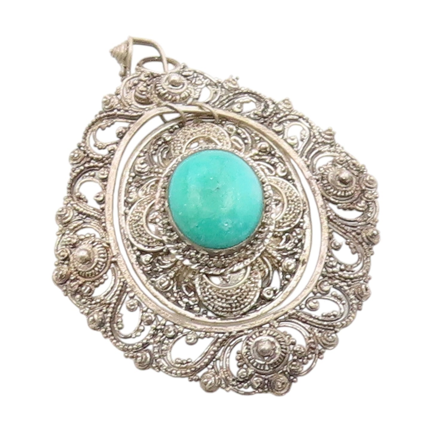 925 Sterling Silver Vintage Pendant Turquoise Antique Oval Filigree  PT25840