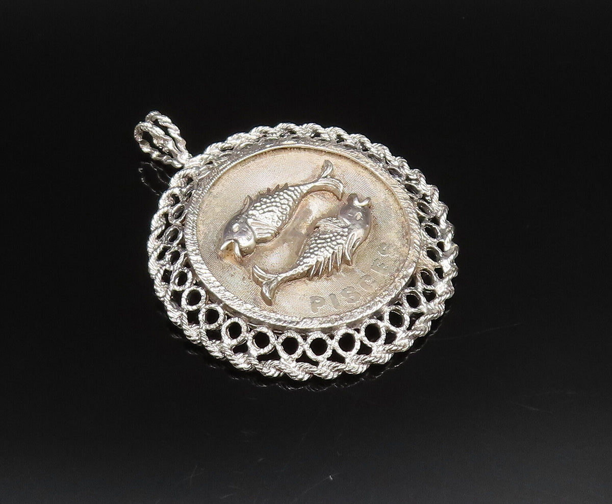 925 Sterling Silver  Vintage Openwork Pisces Fish Astrology Pendant  PT21852