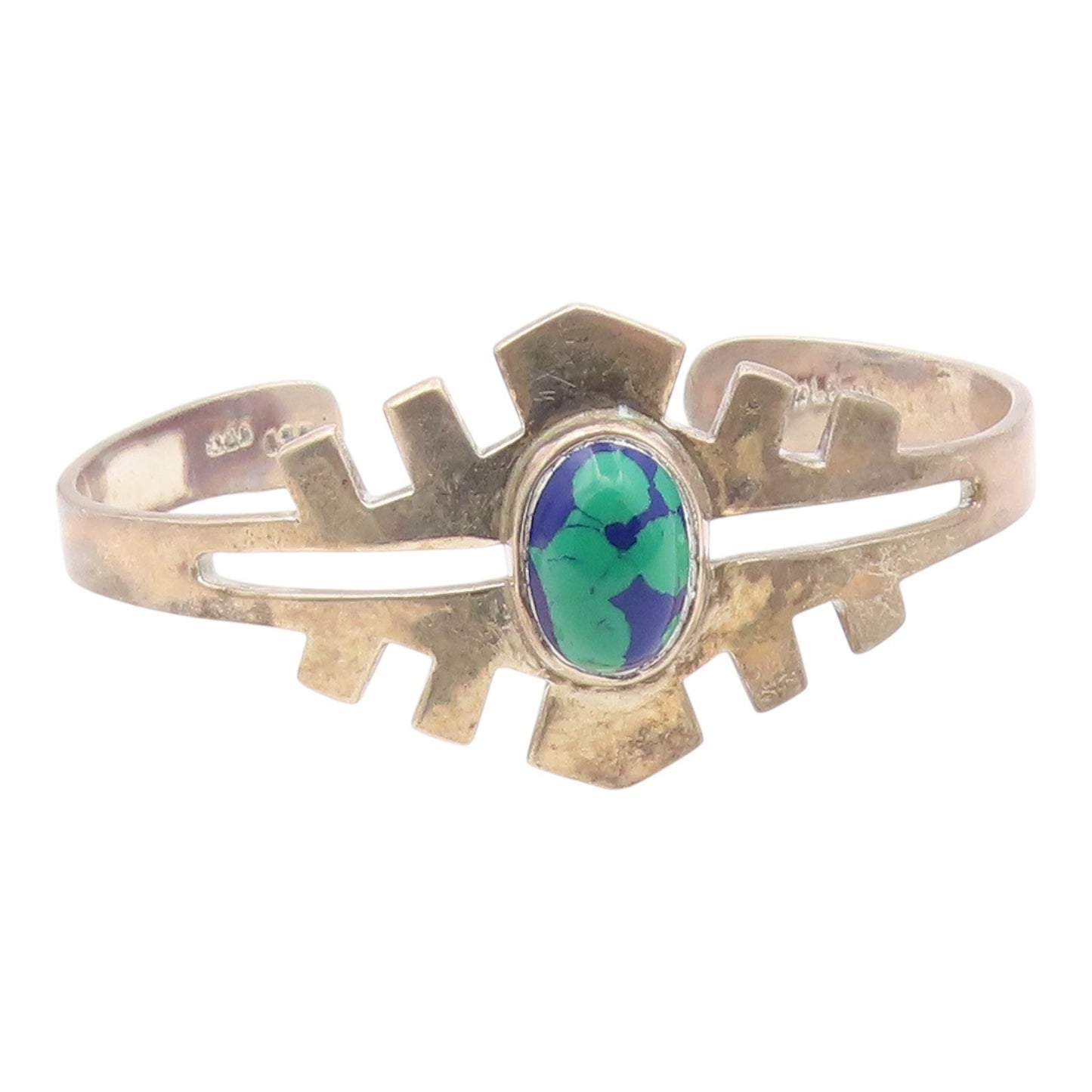 MEXICO 925 Silver  Vintage Cabochon Cut Azurite Abstract Cuff Bracelet  BT9369