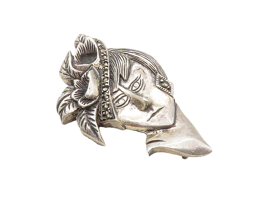 925 Sterling Silver  Vintage Dark Tone Marcasite Woman Face Brooch Pin  BP4149