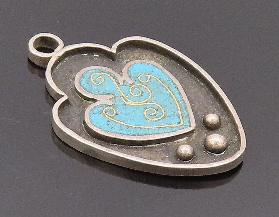 925 Sterling Silver Vintage Pendant Modernist Swirly Inlay Turquoise  PT22564