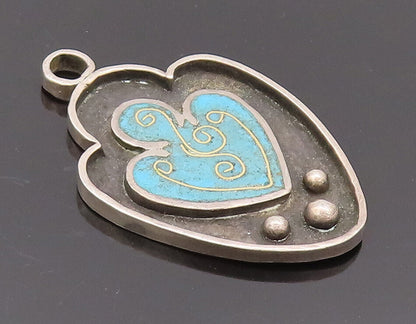 925 Sterling Silver Vintage Pendant Modernist Swirly Inlay Turquoise  PT22564