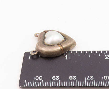 14k Gold & 925 Sterling Silver Vintage Pendant Pearl Love Heart Charm   PT25848