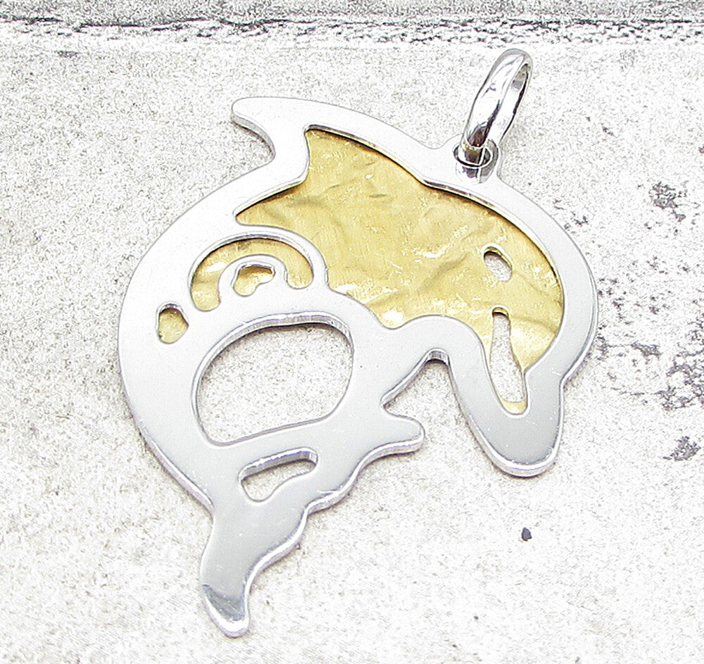 925 Sterling Silver Hammered 2 Tone Jumping Dolphin Drop Pendant PT1439
