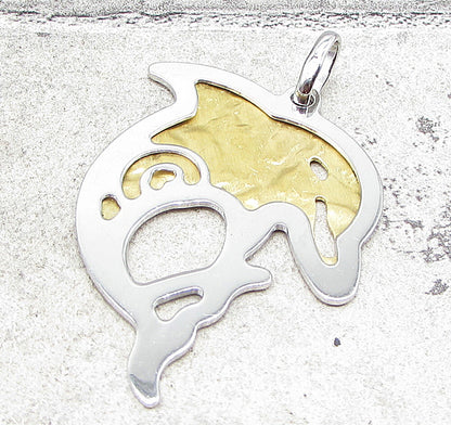925 Sterling Silver Hammered 2 Tone Jumping Dolphin Drop Pendant PT1439