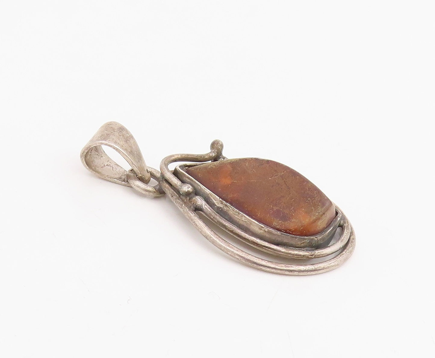 925 Sterling Silver Vintage Pendant Modernist Amber Wire Wrapped Drop  PT25869