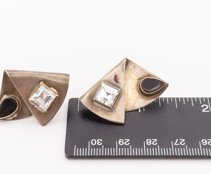 925 Sterling Silver Vintage Earrings Designer Square CZ & Triangle Onyx  EG13014