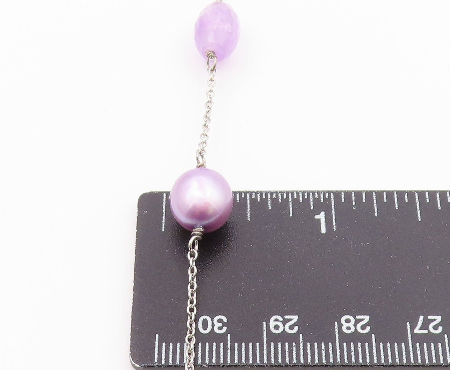 925 Sterling Silver  Vintage Purple Quartz & Bead Ball Pattern Necklace NE3999