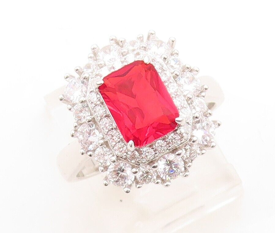 925 Sterling Silver Vintage Ring Rectangle Cut Red Beaded White CZ Sz 7  RG30119