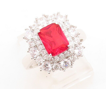 925 Sterling Silver Vintage Ring Rectangle Cut Red Beaded White CZ Sz 7  RG30119