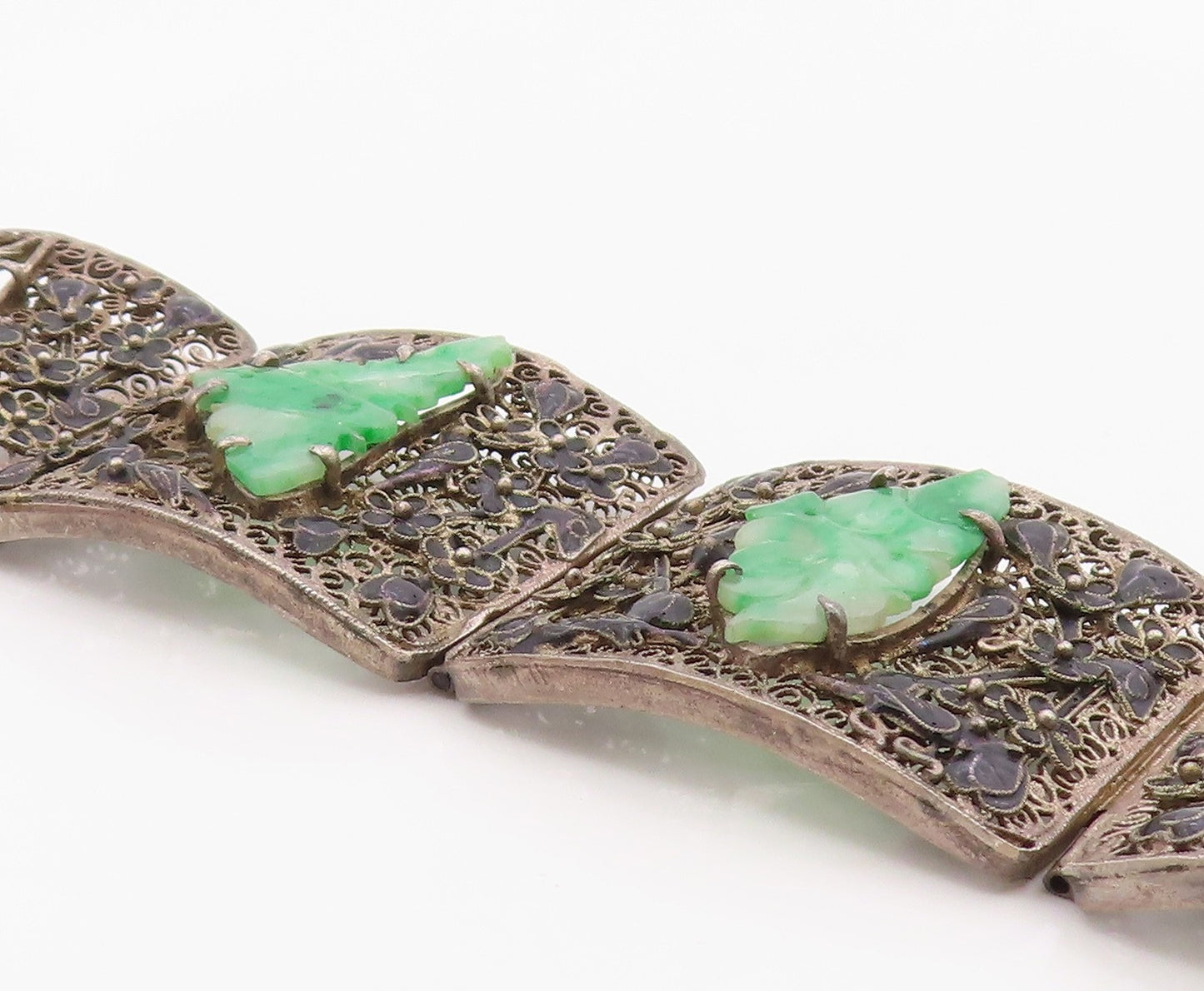 925 Sterling Silver Vintage Bracelet CHINESE EXPORT Jade Flora Filigree  BT12134