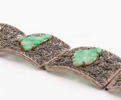 925 Sterling Silver Vintage Bracelet CHINESE EXPORT Jade Flora Filigree  BT12134