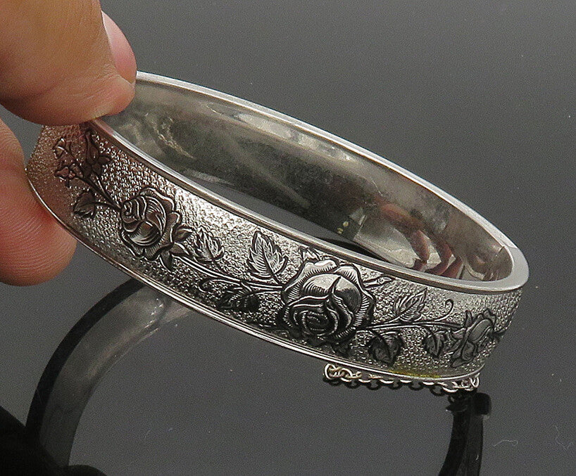 HAYWARD 925 Silver  Vintage Shiny Rose Flower Motif Bangle Bracelet  BT8307