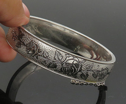 HAYWARD 925 Silver  Vintage Shiny Rose Flower Motif Bangle Bracelet  BT8307