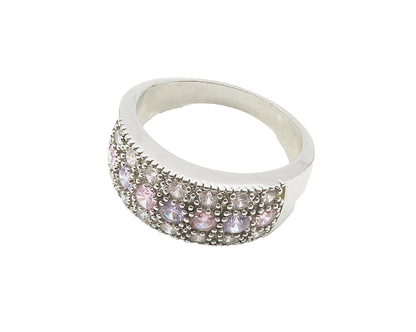 925 Sterling Silver  Pink & White Topaz Three Row Band Ring Sz 10.5  RG9940