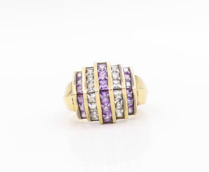 925 Sterling Silver Vintage Ring Gold Plated Purple & White CZ  Sz 8  RG33415