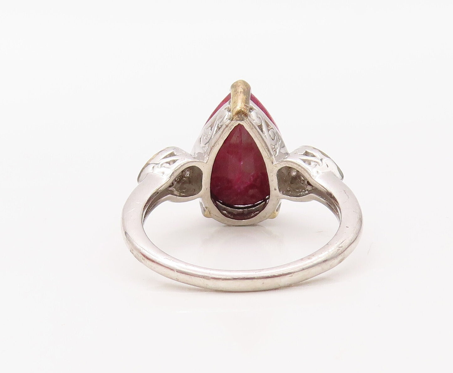 925 Sterling Silver Vintage Ring Diamonds & Drop Cut Ruby  Sz 8  RG30767