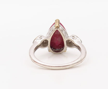 925 Sterling Silver Vintage Ring Diamonds & Drop Cut Ruby  Sz 8  RG30767