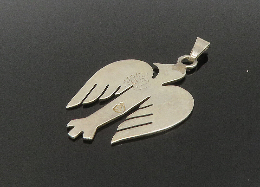 MEXICO 925 Sterling Silver Vintage Inlaid Turquoise Bird Motif Pendant PT18571